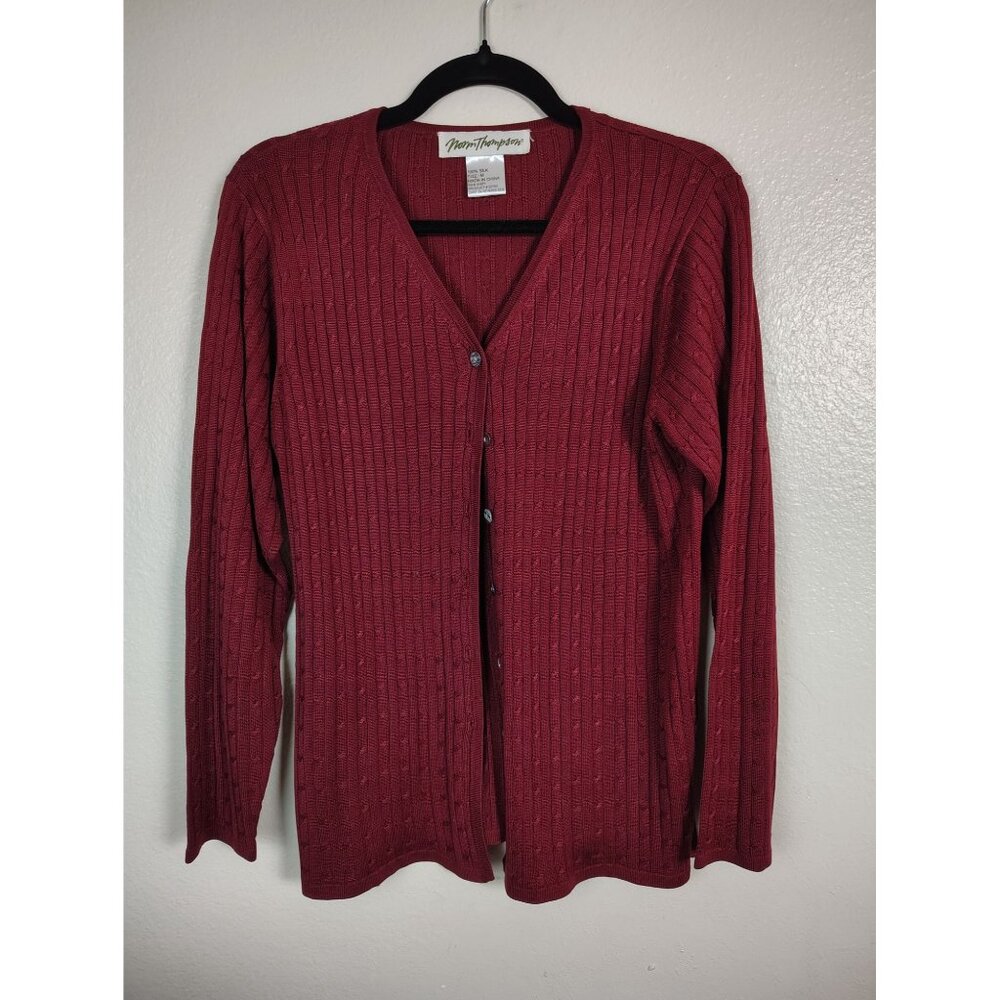 Norm Thompson 100% Silk Cable Knit Red Cardigan Sweater Womens Medium Button Up
